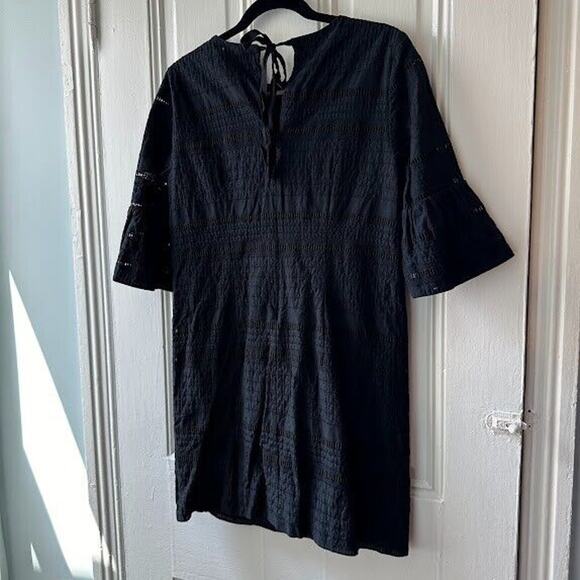 J Crew Shift Dress Womens 2 Black Bell Sleeve Cotton Lined Boho Tie Back - Picture 8 of 10